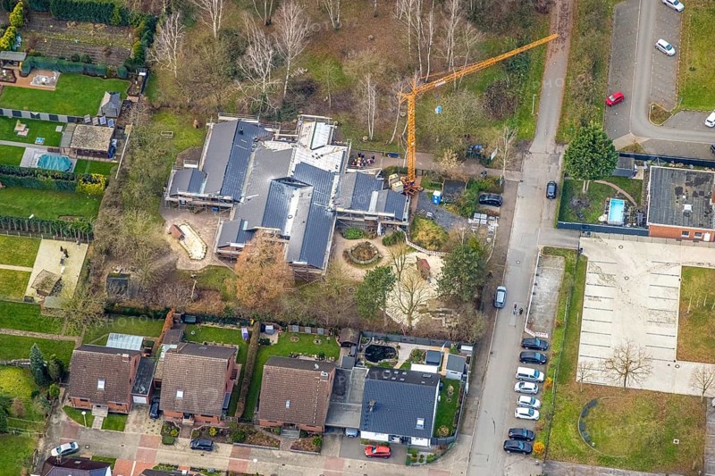 Aerial view, Arche Noah Herringen day care centre construction site, Herringen district, Hamm, Ruhr area, North Rhine-Westphalia, Germany