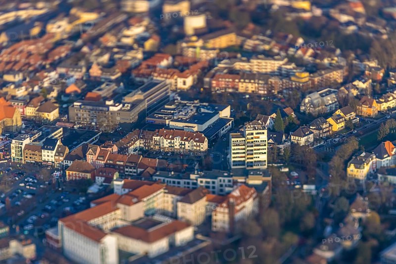 ATTENTION Photos with partial blurring created by tilt technique on the lens side, aerial view, city centre with university building high-rise Ostenwall, in front the St. Marien-Hospital Hamm, centre, Hamm, Ruhr area, North Rhine-Westphalia, Germany