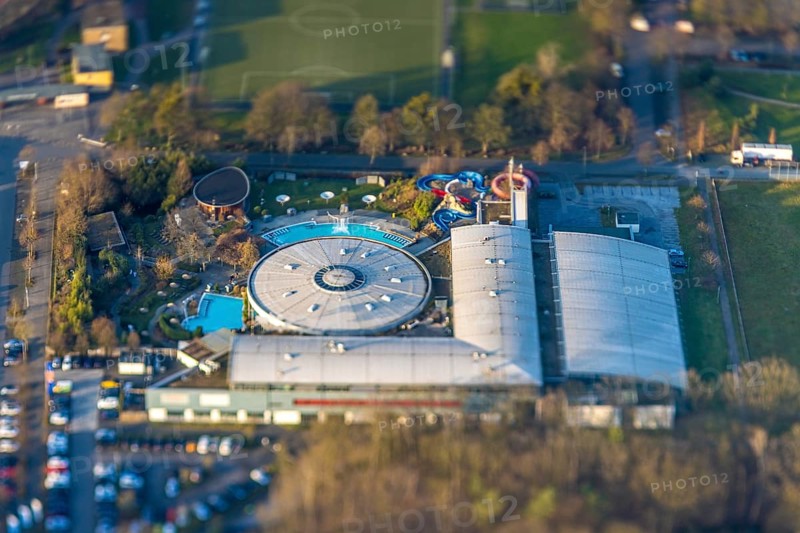 ATTENTION Photos with partial blurring caused by tilt technique on the lens side, aerial view, MAXIMARE adventure pool and wellness pool with indoor pool, centre, Hamm, Ruhr area, North Rhine-Westphalia, Germany