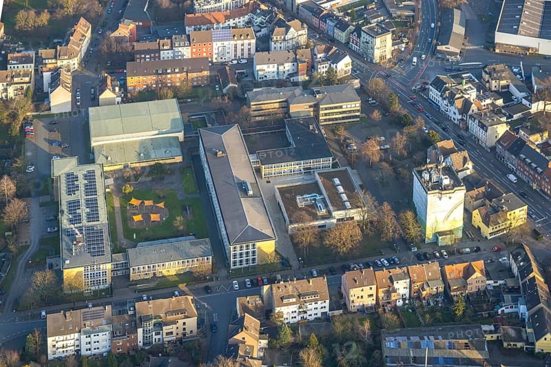 Aerial view, Eduard-Spranger-Berufskolleg and Vorheider Weg bunker, centre, Hamm, Ruhr area, North Rhine-Westphalia, Germany