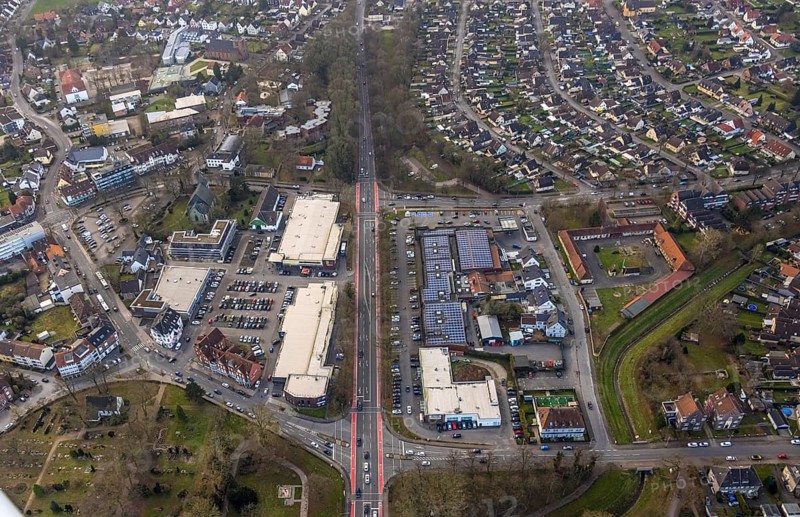 Aerial view, Dortmunder Straße shopping centre with DM, Rewe, Aldi and Edeka supermarket, St. Victor's church, building site with new building, Herringen market and centre, old Herringen building yard, Herringen district, Hamm, Ruhr area, North Rhine-Westphalia, Germany