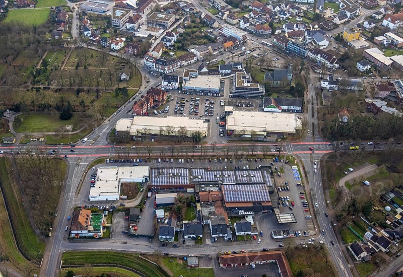 Aerial view, Dortmunder Straße shopping centre with DM, Rewe, Aldi and Edeka supermarket, St. Victor's Church, construction site with new building, Herringen market and town centre, Herringen district, Hamm, Ruhr area, North Rhine-Westphalia, Germany