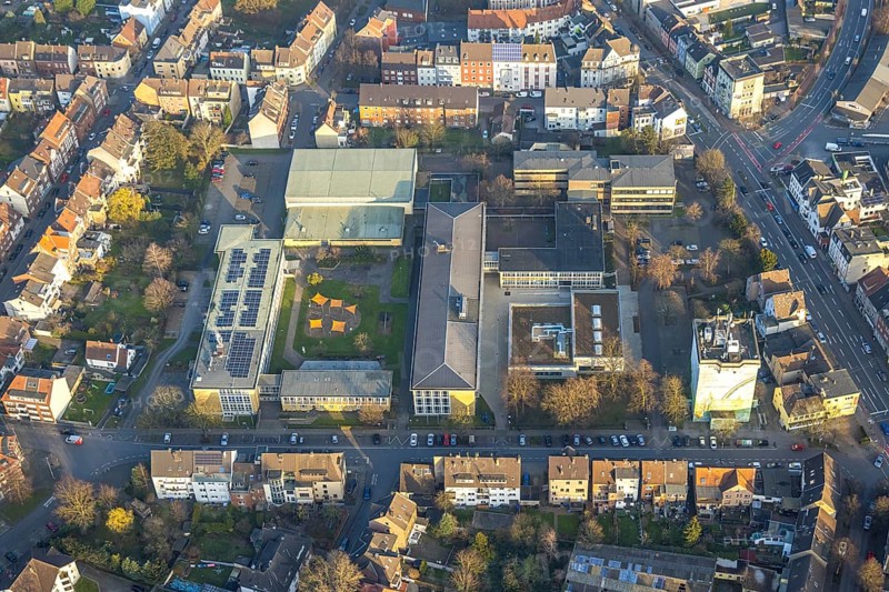 Aerial view, Eduard-Spranger-Berufskolleg and Vorheider Weg bunker, centre, Hamm, Ruhr area, North Rhine-Westphalia, Germany