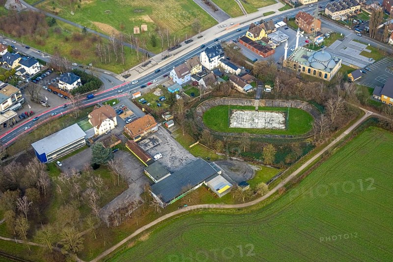 Aerial view, DitiB Ulu Camii Mosque and Barbara Stadium Dortmunder Straße, Herringen district, Hamm, Ruhr area, North Rhine-Westphalia, Germany
