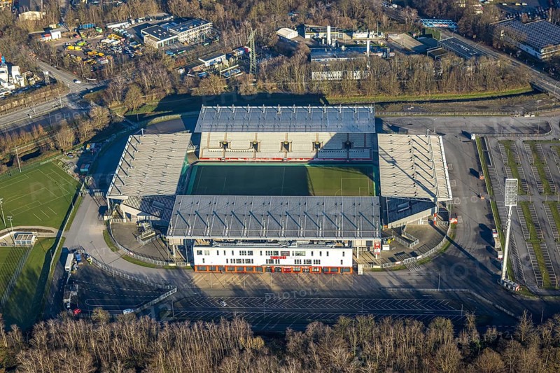 Aerial view, football stadium at the Hafenstraße of the club Rot-Weiß Essen, 3rd Bundesliga, Essen-Borbeck, stands, Essen, Ruhr area, North Rhine-Westphalia, Germany