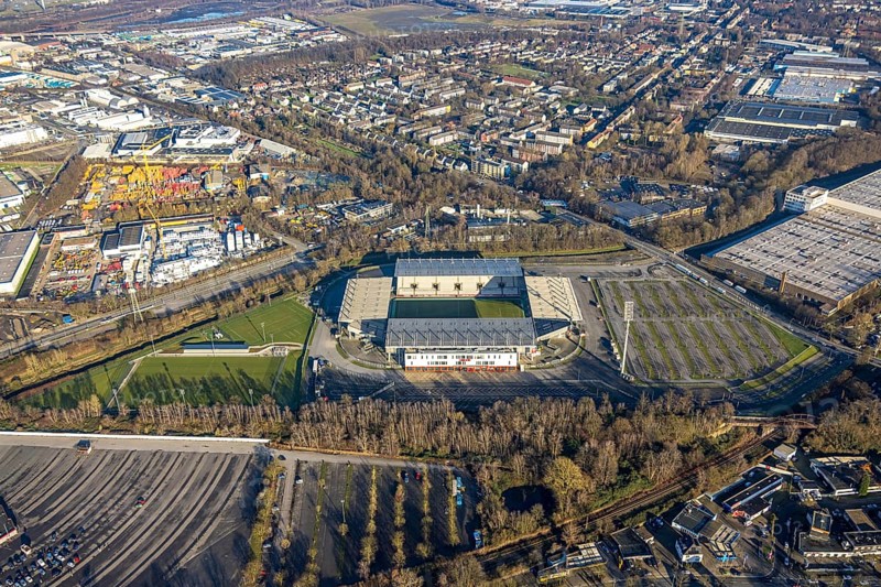 Aerial view, football stadium at the Hafenstraße of the club Rot-Weiß Essen, 3rd Bundesliga, Essen-Borbeck, stands, Essen, Ruhr area, North Rhine-Westphalia, Germany