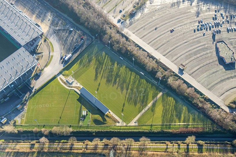 Aerial view, football stadium at the Hafenstraße of the club Rot-Weiß Essen, 3rd Bundesliga, Essen-Borbeck, stands, Essen, Ruhr area, North Rhine-Westphalia, Germany