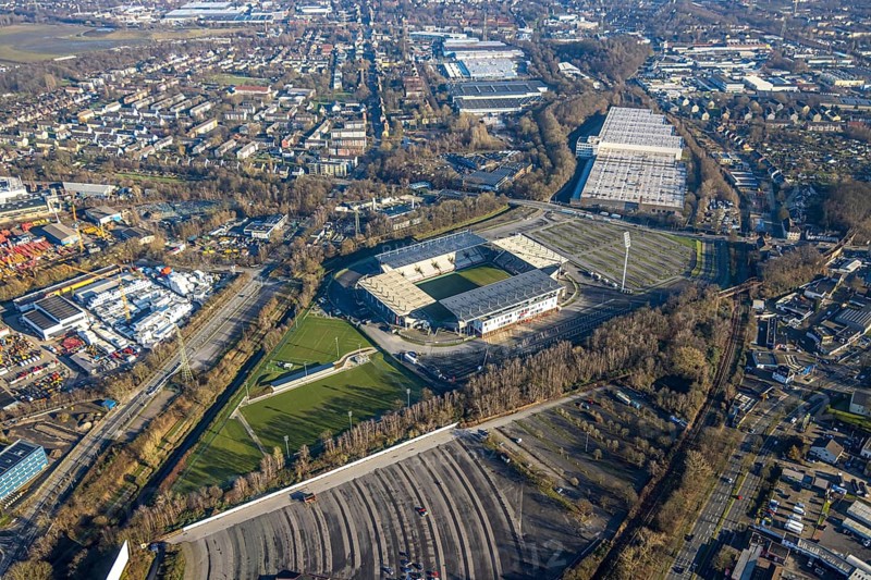 Aerial view, football stadium at the Hafenstraße of the club Rot-Weiß Essen, 3rd Bundesliga, Essen-Borbeck, stands, Essen, Ruhr area, North Rhine-Westphalia, Germany