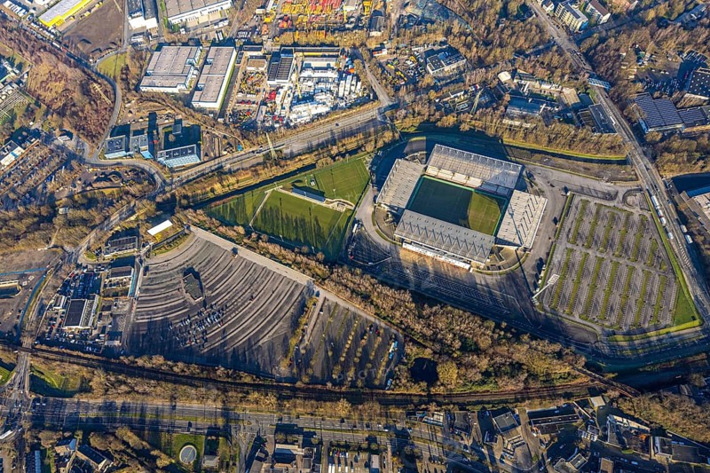 Aerial view, football stadium at the Hafenstraße of the club Rot-Weiß Essen, 3rd Bundesliga, Essen-Borbeck, stands, Essen, Ruhr area, North Rhine-Westphalia, Germany