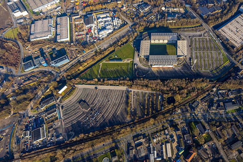 Aerial view, football stadium at the Hafenstraße of the club Rot-Weiß Essen, 3rd Bundesliga, Essen-Borbeck, stands, Essen, Ruhr area, North Rhine-Westphalia, Germany