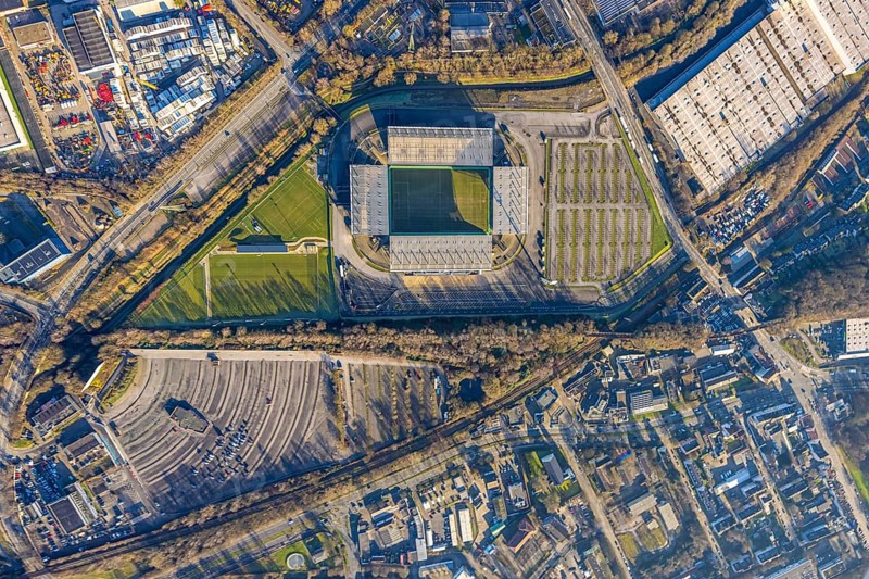 Aerial view, football stadium at the Hafenstraße of the club Rot-Weiß Essen, 3rd Bundesliga, Essen-Borbeck, stands, Essen, Ruhr area, North Rhine-Westphalia, Germany