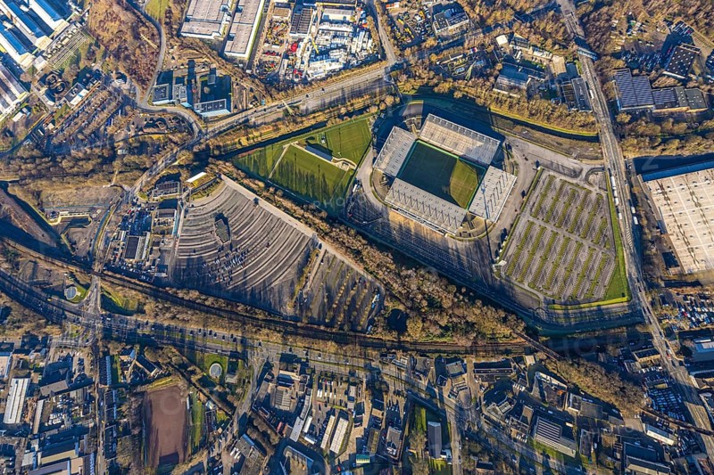 Aerial view, football stadium at the Hafenstraße of the club Rot-Weiß Essen, 3rd Bundesliga, Essen-Borbeck, stands, Essen, Ruhr area, North Rhine-Westphalia, Germany