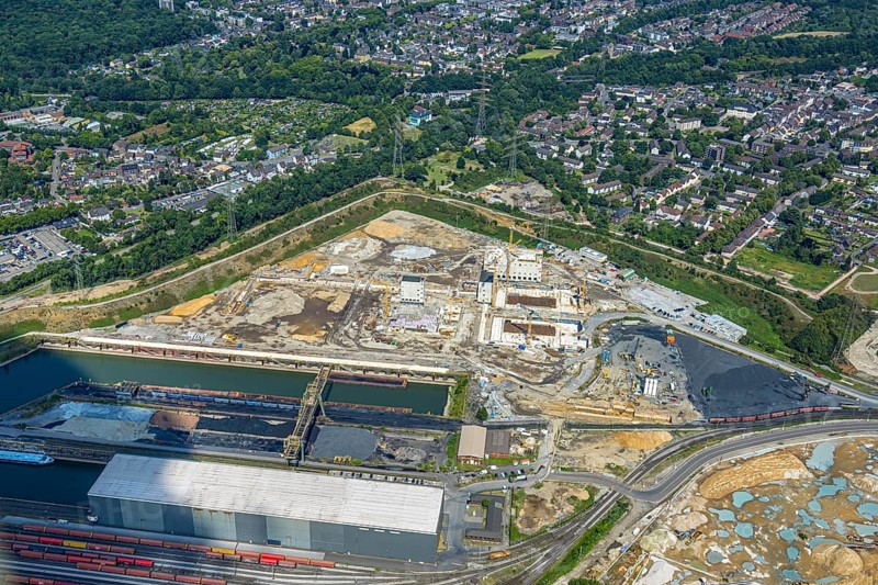 Aerial view, construction site with new electrical switchgear buildings for direct reduction plant next to the south harbour in Walsum, Fahrn, Duisburg, Ruhr area, North Rhine-Westphalia, Germany
