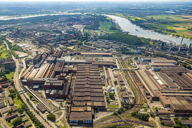 Aerial view, thyssenkrupp Steel Europe - Warmbandwerk, river Rhine, behind Hamborn power station, Marxloh, Duisburg, Ruhr area, North Rhine-Westphalia, Germany, DE, Europe, commercial enterprises, commercial area, commercial property, commercial site, commercial use, industrial area, industrial site, aerial photograph, aerial photography, aerial photography, overview, bird's-eye view, birds-eyes view, overview