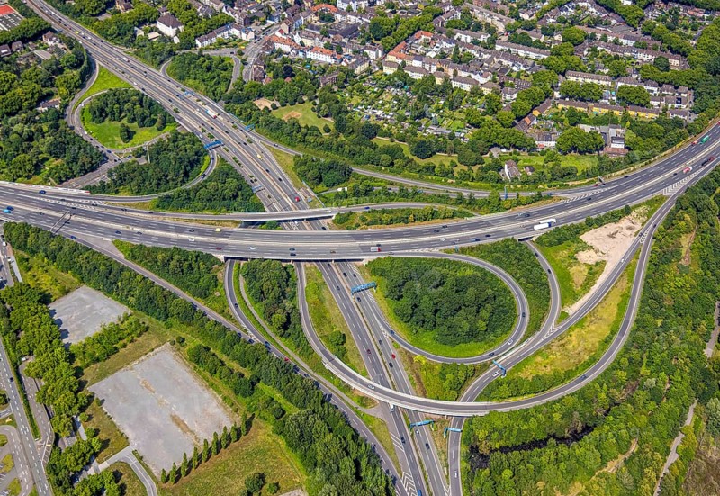 Aerial view, motorway junction Duisburg-Nord with motorway A42 and motorway A59, Obermeiderich, Duisburg, Ruhr area, North Rhine-Westphalia, Germany, motorway, DE, Europe, aerial view, aerial photography, aerial photography, road traffic, overview, bird's-eye view, overview