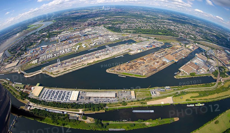 Aerial view, general view Duisburg harbour Ruhrort, globe, fisheye shot, fisheye shot, 360 degree shot, tiny world, little planet, fisheye picture, Ruhrort, Duisburg, Ruhr area, North Rhine-Westphalia, Germany, DE, Europe, fisheye lens, fisheye lens, harbour, harbour basin, harbour area, harbour overview, aerial view, aerial photography, aerial photography, super wide angle lens, overview, bird's eye view, birds-eyes view, fisheye lens, insta360 camera, overview