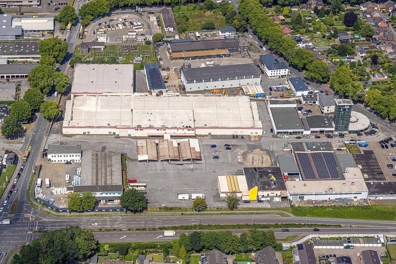 Aerial view, Selgros Großhandel im Gewerbegebiet Schauenstraße, Bergheim, Duisburg, Ruhr area, North Rhine-Westphalia, Germany, DE, Europe, commercial enterprises, commercial space, commercial area, commercial property, commercial park, commercial location, commercial use, industrial area, industrial location, aerial view, aerial photography, aerial photography, overview, bird's-eye view, overview
