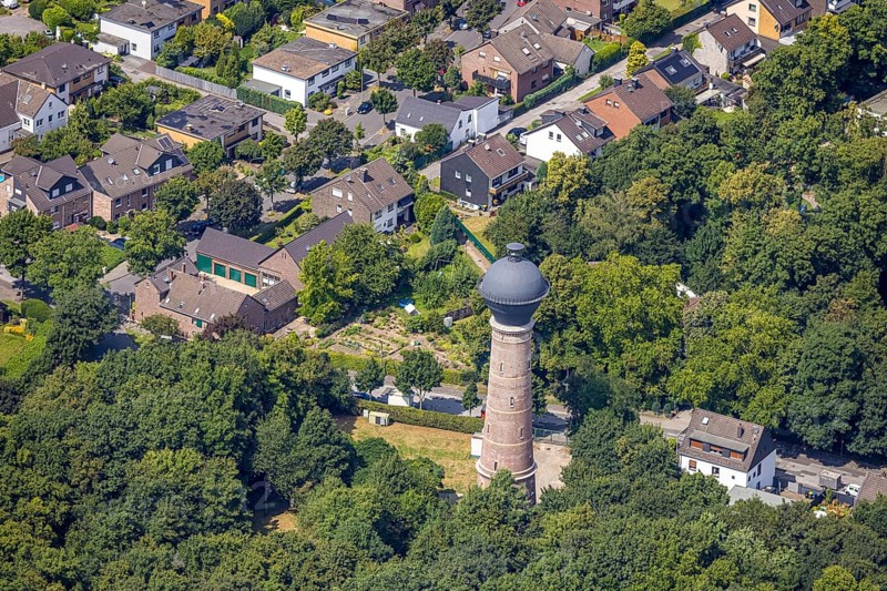 Aerial view, water tower Bergheim, historical sight, Bergheim, Duisburg, Ruhr area, North Rhine-Westphalia, Germany, DE, Europe, aerial view, aerial photography, aerial photography, overview, bird's eye view, water tower, birds-eyes view, overview