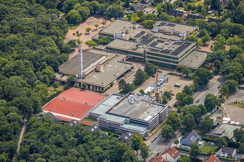 Aerial view, construction site for the new south swimming pool at the Großenbaum sports complex, Gesamtschule Süd, football stadium, sports field, Großenbaum, Duisburg, Ruhr area, North Rhine-Westphalia, Germany