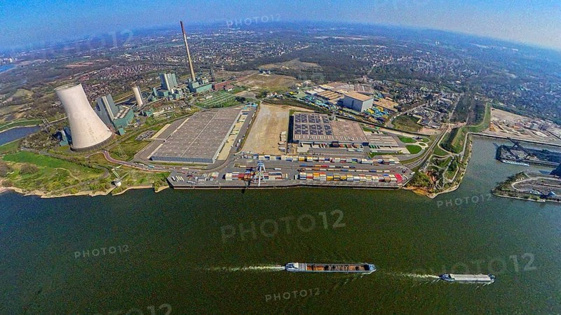 Aerial view, Duisburg-Nord, duisport logport VI Walsum, logport 6, STEAG power plant Walsum on the river Rhine, earth globe, fisheye image, 360 degree image, tiny world, little planet, fisheye image, Alt-Walsum, Duisburg, Ruhr area, North Rhine-Westphalia, Germany