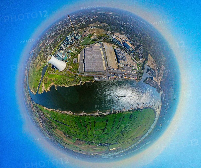 Aerial view, Duisburg-Nord, duisport logport VI Walsum, logport 6, STEAG power plant Walsum on the river Rhine, earth globe, fisheye image, 360 degree image, tiny world, little planet, fisheye image, Alt-Walsum, Duisburg, Ruhr area, North Rhine-Westphalia, Germany