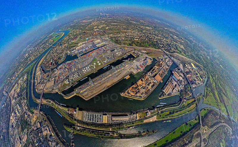 Aerial view, duisport harbour, harbour area with steel island, oil island, coal island container terminal and scrap island raw material island, Pontwert island at the harbour channel, earth globe, fisheye image, 360 degree image, tiny world, little planet, fisheye image, Ruhrort, Duisburg, Ruhr area, North Rhine-Westphalia, Germany