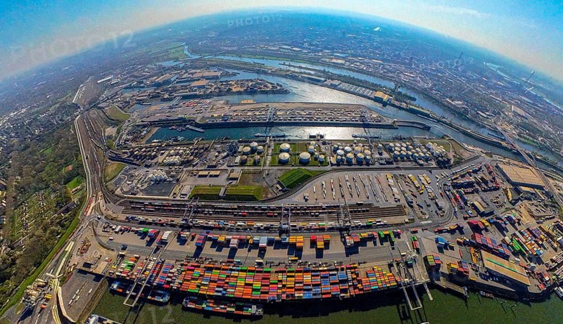 Aerial view, duisport harbour, harbour area with steel island, oil island, coal island container terminal and scrap island raw material island, Pontwert island, earth globe, fisheye image, 360 degree image, tiny world, little planet, fisheye image, Ruhrort, Duisburg, Ruhr area, North Rhine-Westphalia, Germany