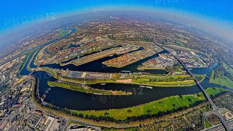 Aerial view, duisport harbour, harbour area with steel island, oil island, coal island container terminal and scrap island raw material island, Pontwert island at the harbour channel, earth globe, fisheye image, 360 degree image, tiny world, little planet, fisheye image, Ruhrort, Duisburg, Ruhr area, North Rhine-Westphalia, Germany