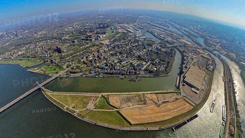 Aerial view, duisport harbour Duisburg, district Ruhrort, Vinckekanal forwarding island and Mercatorinsel, Rhine-Herne-Canal, river Ruhr, Friedrich-Ebert-Bridge, earth globe, fisheye image, 360 degree image, tiny world, little planet, fisheye image, Ruhrort, Duisburg, Ruhr area, North Rhine-Westphalia, Germany
