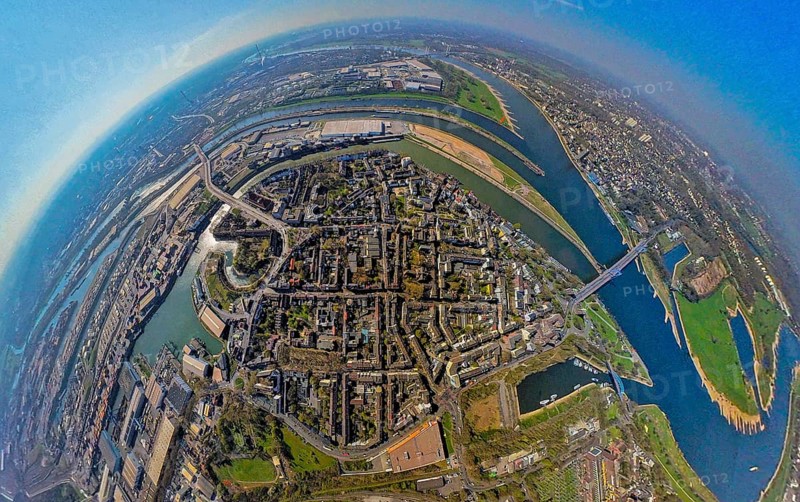 Aerial view, duisport harbour, view of Ruhrort, Duisburg harbour area with Mercatorinsel and Pontwert island, Ruhr river mouth into the Rhine river and Friedrich Ebert Bridge, globe, fisheye image, 360 degree image, tiny world, little planet, fisheye image, Ruhrort, Duisburg, Ruhr area, North Rhine-Westphalia, Germany
