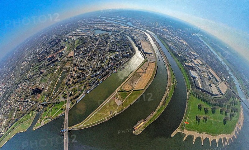 Aerial view, duisport harbour Duisburg, district Ruhrort, Vinckekanal forwarding island and Mercatorinsel, Rhine-Herne-Canal, river Ruhr Ruhr estuary and river Rhine with Friedrich-Ebert-Bridge, right industrial area Kaßlerfeld, globe, fisheye image, 360 degree image, tiny world, little planet, fisheye image, Ruhrort, Duisburg, Ruhr area, North Rhine-Westphalia, Germany