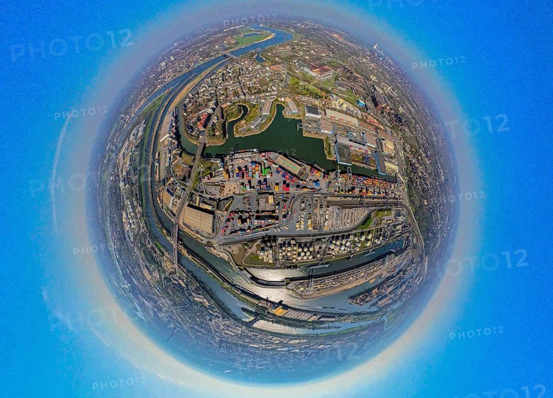 Aerial view, duisport harbour, harbour area with steel island, oil island, coal island container terminal and scrap island raw material island, Pontwert island, earth globe, fisheye image, 360 degree image, tiny world, little planet, fisheye image, Ruhrort, Duisburg, Ruhr area, North Rhine-Westphalia, Germany