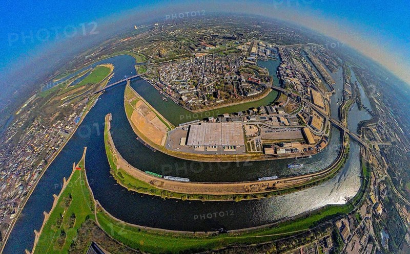 Aerial view, duisport harbour, view of Ruhrort, Duisburg harbour area with Mercatorinsel and Pontwert island, Ruhr river mouth into the Rhine river and Friedrich Ebert Bridge, globe, fisheye image, 360 degree image, tiny world, little planet, fisheye image, Ruhrort, Duisburg, Ruhr area, North Rhine-Westphalia, Germany