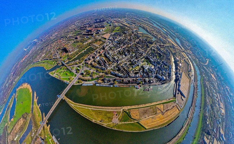 Aerial view, duisport harbour, view of Ruhrort, Duisburg harbour area with Mercatorinsel and Pontwert island, Ruhr river mouth into the Rhine river and Friedrich Ebert Bridge, globe, fisheye image, 360 degree image, tiny world, little planet, fisheye image, Ruhrort, Duisburg, Ruhr area, North Rhine-Westphalia, Germany
