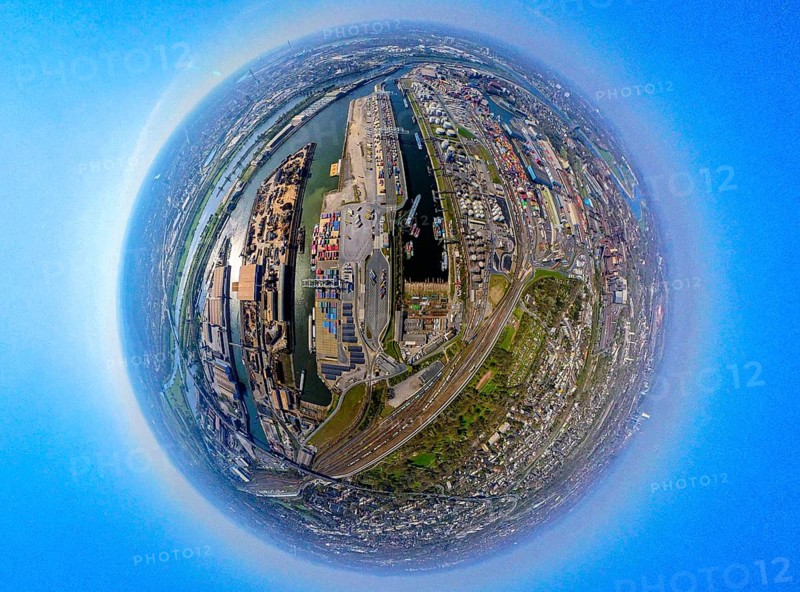 Aerial view, duisport harbour, harbour area with steel island, oil island, coal island container terminal and scrap island raw material island, Pontwert island, earth globe, fisheye image, 360 degree image, tiny world, little planet, fisheye image, Ruhrort, Duisburg, Ruhr area, North Rhine-Westphalia, Germany