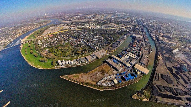 Aerial view, Neuenkamp parallel harbour and outer harbour, river Rhine, earth globe, fisheye image, 360 degree image, tiny world, little planet, fisheye image, Neuenkamp, Duisburg, Ruhr area, North Rhine-Westphalia, Germany
