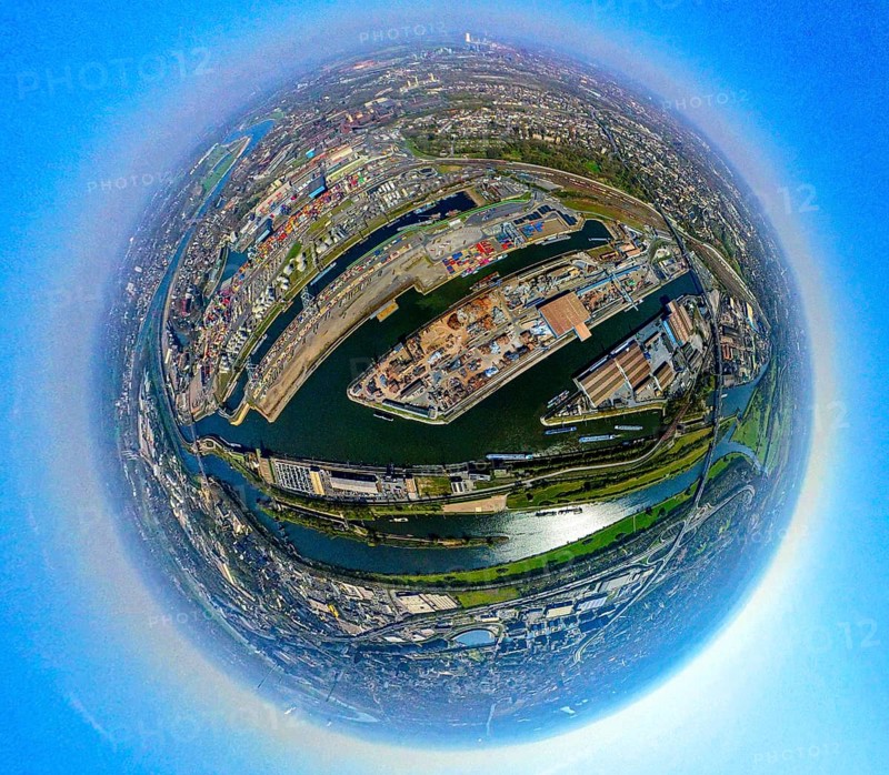 Aerial view, duisport harbour, harbour area with steel island, oil island, coal island container terminal and scrap island raw material island, Pontwert island at the harbour channel, earth globe, fisheye image, 360 degree image, tiny world, little planet, fisheye image, Ruhrort, Duisburg, Ruhr area, North Rhine-Westphalia, Germany