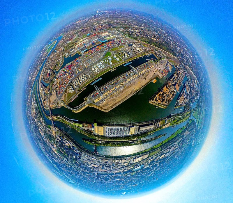 Aerial view, duisport harbour, harbour area with steel island, oil island, coal island container terminal and scrap island raw material island, Pontwert island at the harbour channel, earth globe, fisheye image, 360 degree image, tiny world, little planet, fisheye image, Ruhrort, Duisburg, Ruhr area, North Rhine-Westphalia, Germany