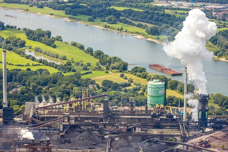 Aerial view, Hüttenwerke Krupp Mannesmann HKM, gasometer and river Rhine, smoke cloud, Hüttenheim, Duisburg, Ruhr area, North Rhine-Westphalia, Germany