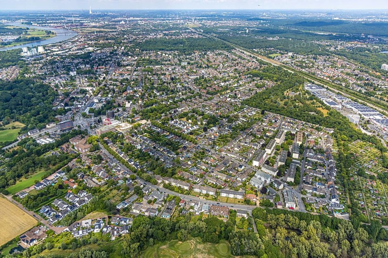 Aerial view, residential area, district Buchholz Afrikasiedlung, right commercial area Keniastraße, Buchholz, Duisburg, Ruhr area, North Rhine-Westphalia, Germany