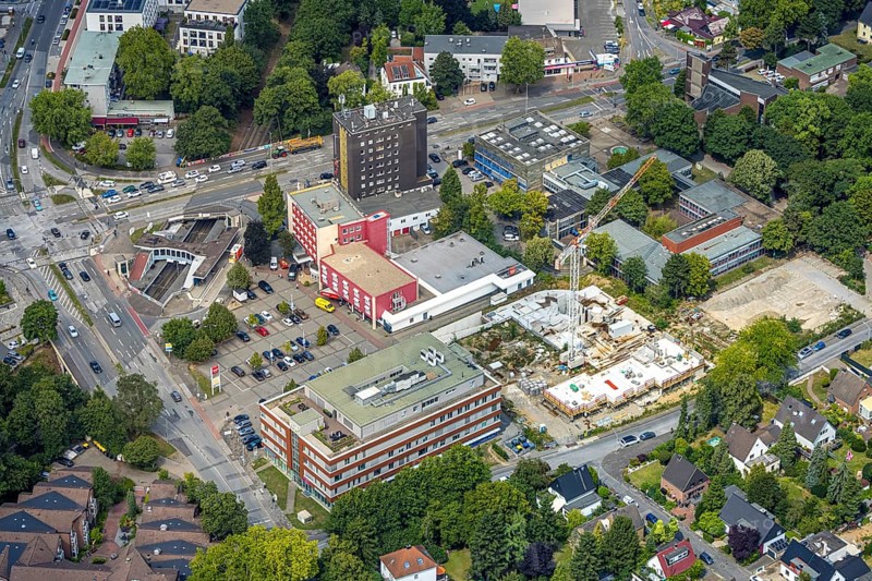 Aerial view, new building site Sittardsberg, road junction Sittardsberger Allee and Altenbrucher Damm, underground station, Hotel Sittardsberg, Buchholz, Duisburg, Ruhr area, North Rhine-Westphalia, Germany