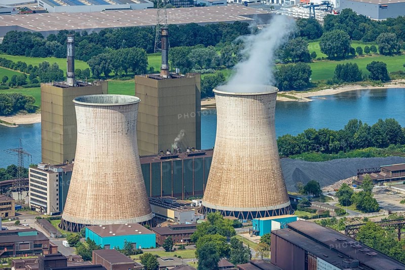 Aerial view, Hüttenwerke Krupp Mannesmann HKM and power station with two cooling towers, Hüttenheim, Duisburg, Ruhr area, North Rhine-Westphalia, Germany