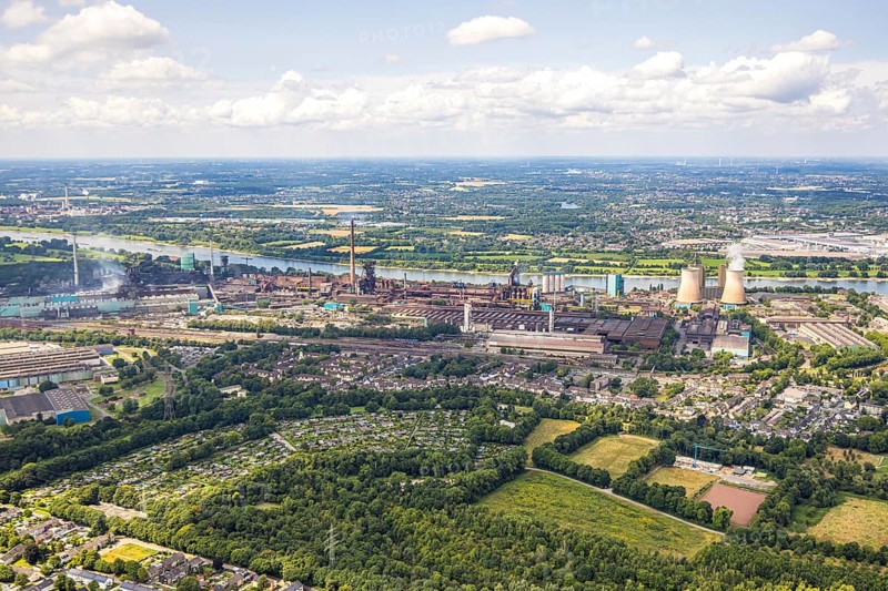 Aerial view, Hüttenwerke Krupp Mannesmann HKM, cooling towers, river Rhine and distant view to LSG Rheinhausen Friemersheim, Hüttenheim, Duisburg, Ruhr area, North Rhine-Westphalia, Germany
