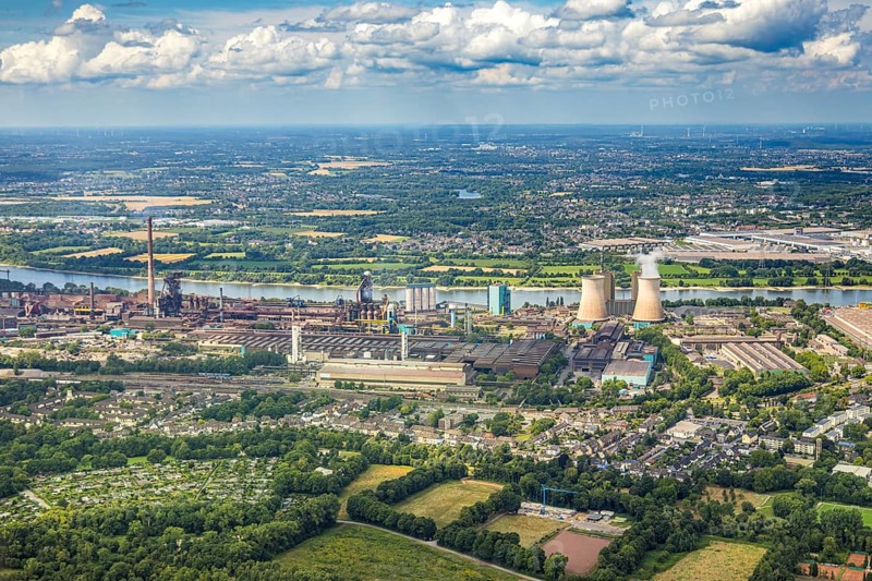 Aerial view, Hüttenwerke Krupp Mannesmann HKM, cooling towers, river Rhine and distant view to LSG Rheinhausen Friemersheim, Hüttenheim, Duisburg, Ruhr area, North Rhine-Westphalia, Germany