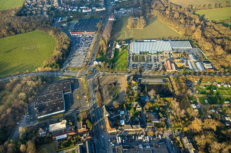 Aerial view, Planned commercial area Münsterstraße opposite Kaufland, north of the Bintig garden centre, Sachsenring and roundabout, Heessen district, Hamm, Ruhr area, North Rhine-Westphalia, Germany