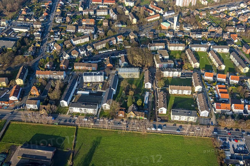 Aerial view, construction site with new residential buildings on Holstenstraße, Apostelkirche, Herringen district, Hamm, Ruhr area, North Rhine-Westphalia, Germany