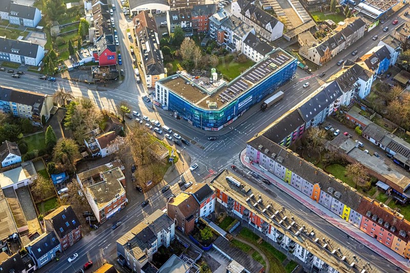 Aerial view, residential area and construction site with new residential building on the corner of Alleestraße and Richard-Wagner-Straße, centre, Hamm, Ruhr area, North Rhine-Westphalia, Germany