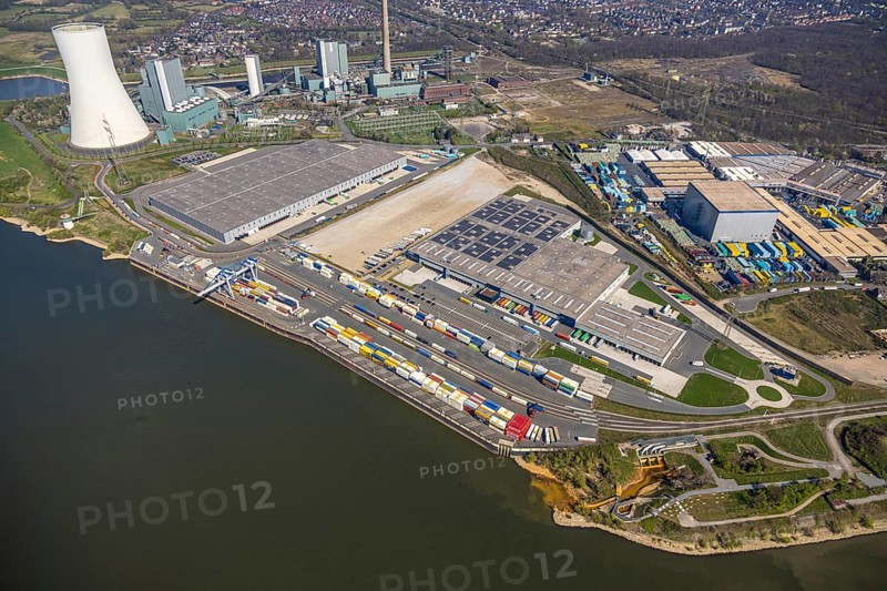 Aerial view, Duisburg-Nord, duisport logport VI Walsum, logport 6, STEAG Walsum power plant on the Rhine, Alt-Walsum, Duisburg, Ruhr area, North Rhine-Westphalia, Germany