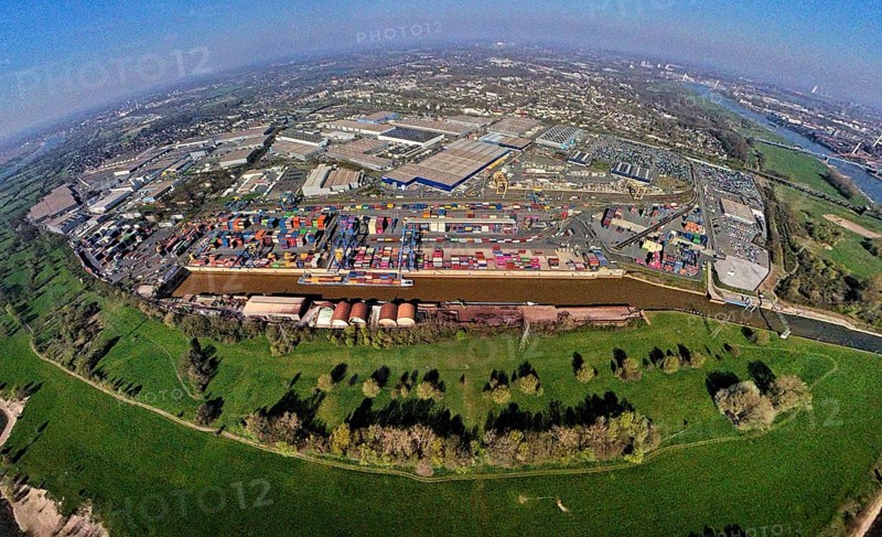 Aerial view, duisport harbour, logport I Rheinhausen, logport 1, container harbour, Duisburg harbour D3T Duisburg Trimodal Terminal, automobile logistics, globe, fisheye image, 360 degree image, tiny world, little planet, fisheye image, Hüttenheim, Duisburg, Ruhr area, North Rhine-Westphalia, Germany