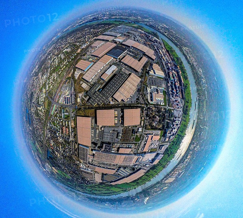 Aerial view, duisport harbour, logport I Rheinhausen, logport 1, container harbour, Duisburg harbour D3T Duisburg Trimodal Terminal, automobile logistics, globe, fisheye image, 360 degree image, tiny world, little planet, fisheye image, Hüttenheim, Duisburg, Ruhr area, North Rhine-Westphalia, Germany